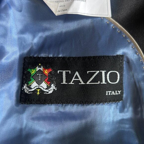 Tazio Italy Blue Textured Velvet Black Shawl Collar Formal Blazer Size 46L - Picture 6 of 11